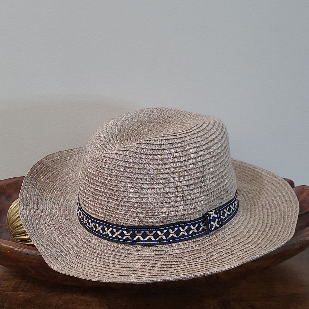 Chico's Tan Fedora with Navy Blue Ribbon Accent